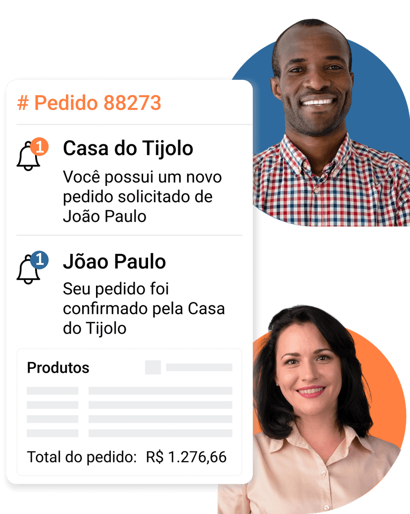 Interface de notificação exibindo fotos de um homem sorridente de camisa xadrez e uma mulher sorridente de blusa laranja com informações sobre um pedido na Hallco. O pedido número 88273 da Casa do Tijolo foi solicitado por João Paulo e confirmado, listando produtos e um total de R$ 1.276,66.